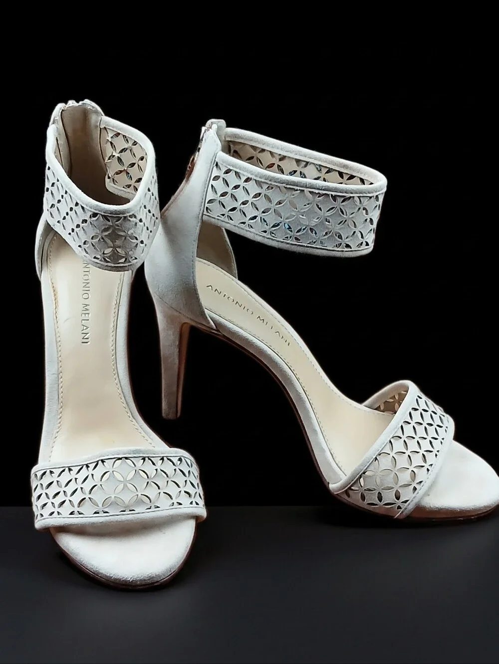 ANTONIO MELANI Nude Suede Laser Cut Ankle Strap Heeled Sandals Size 8.5M